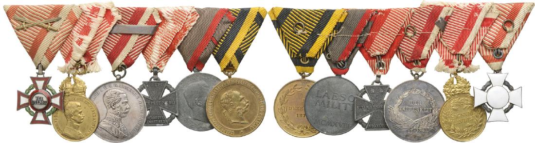Bar of 6: MILITARY MERIT CROSS, 3rd Class, Military, with swords on the ribbon, Silver, enameled; MILITARY MERIT MEDAL “SIGNUM LAUDIS”, gilt Bronze; Bravery Medal, 1st Class, Type Emperor Franz Joseph I, Si