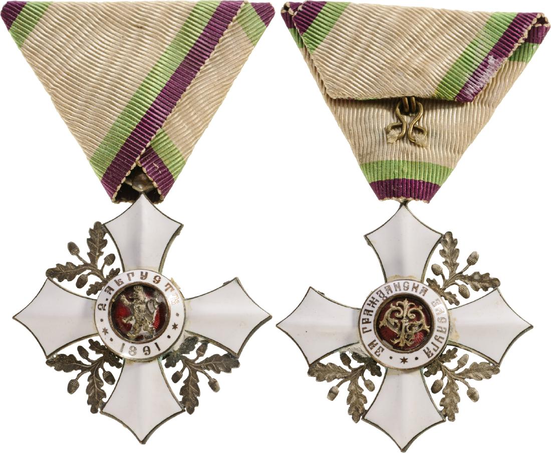 ORDER OF CIVIL MERIT, 1891: Knight`s Cross, 5th Class. Breast Badge, 50 mm, Silver, enameled, original suspension ring and triangular ribbon. Extremely fine! I