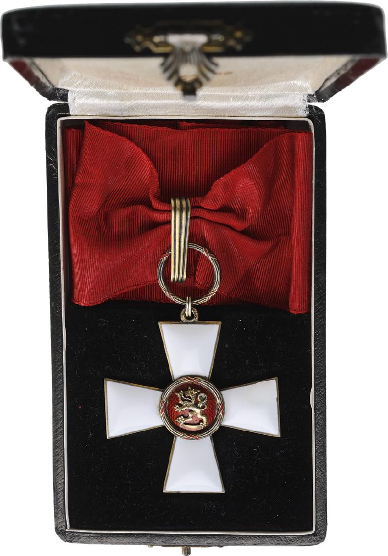 ORDER OF THE LION OF FINLAND: Commander's Cross, 3rd Class, instituted in 1942. Neck Badge, 49 mm, gilt Silver, hallmarked and maker's mark, both sides enameled, obverse central medallion gilt silver, enameled, restoration on reve