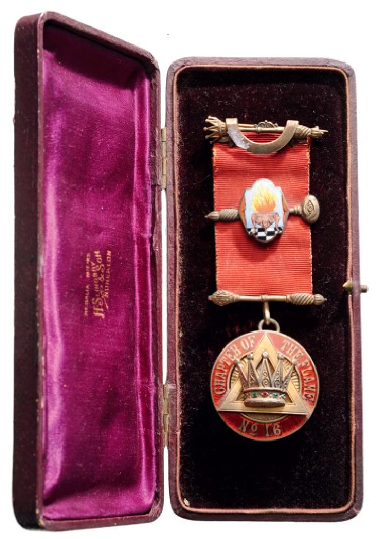 Masonic Decoration, Chapter of the Flame No.16: Breast Badge, 35 mm, gilt Silver, British hallmark and maker‚Äôs mark ‚ÄúLS‚Äù, obverse enameled, original suspension device and ribbon with ornamented clasps, named to ‚ÄúM.Ex.Comp. L