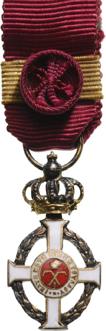 ORDER OF GEORGE I: Grand Cross Miniature, instituted in 1915. Breast Badge, 29x18 mm, Silver gilt, enameled, central medallions gilt, enameled, original suspension ring and ribbon with rosette. Rare miniature! I R!