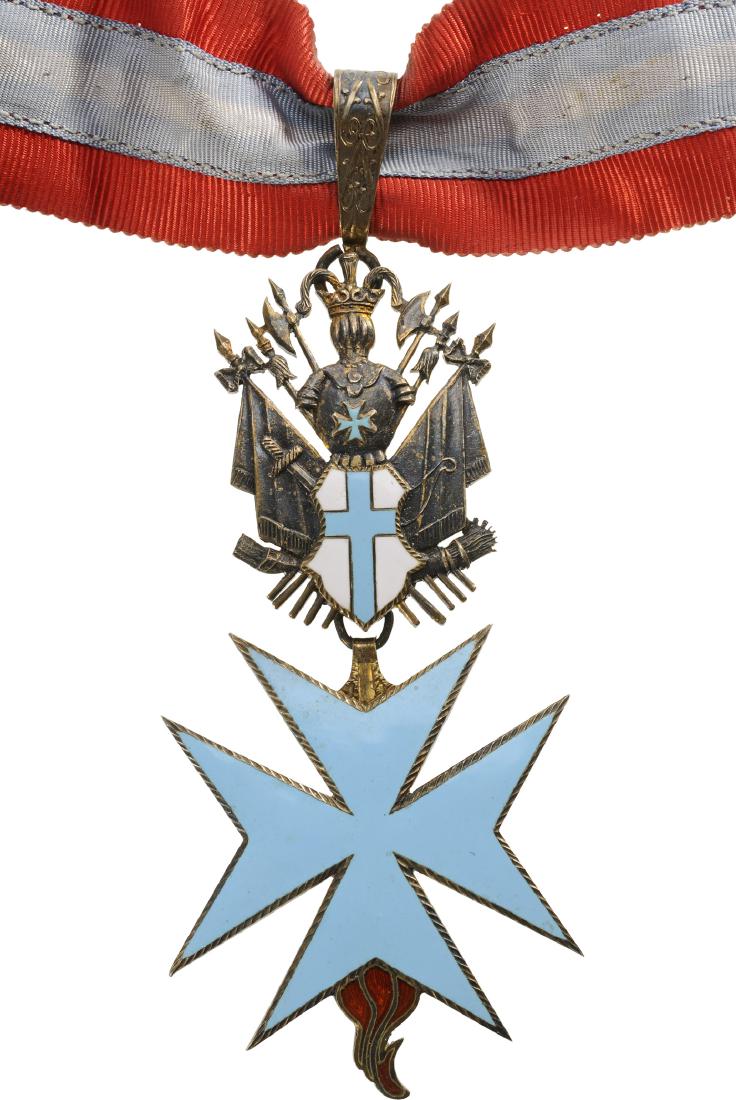 THE ORDER OF THE HOLY SAVIOUR FOUNDED BY ST. BRIDGET OF: Neck Badge, gilt Silver, 83x40 mm, one side enameled, original trophee of arms suspension, ornamented loop and neck ribbon. Very attractive! I