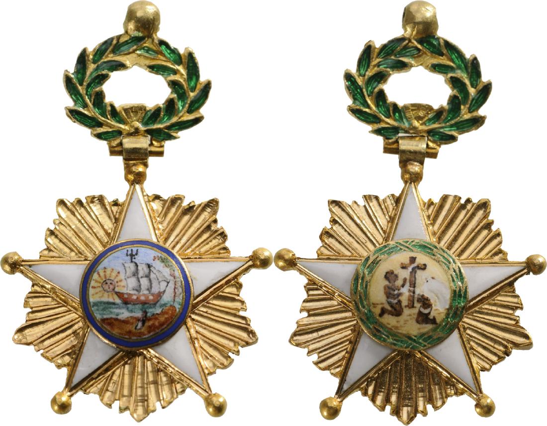 ORDER OF THE AFRICAN REDEMPTION: Officer's Cross Miniature, instituted in 1879. Breast Badge, 28x17 mm, gilt Bronze, both sides enameled, central medallions gilt, enameled, original suspension ring. A superb large miniature of high q