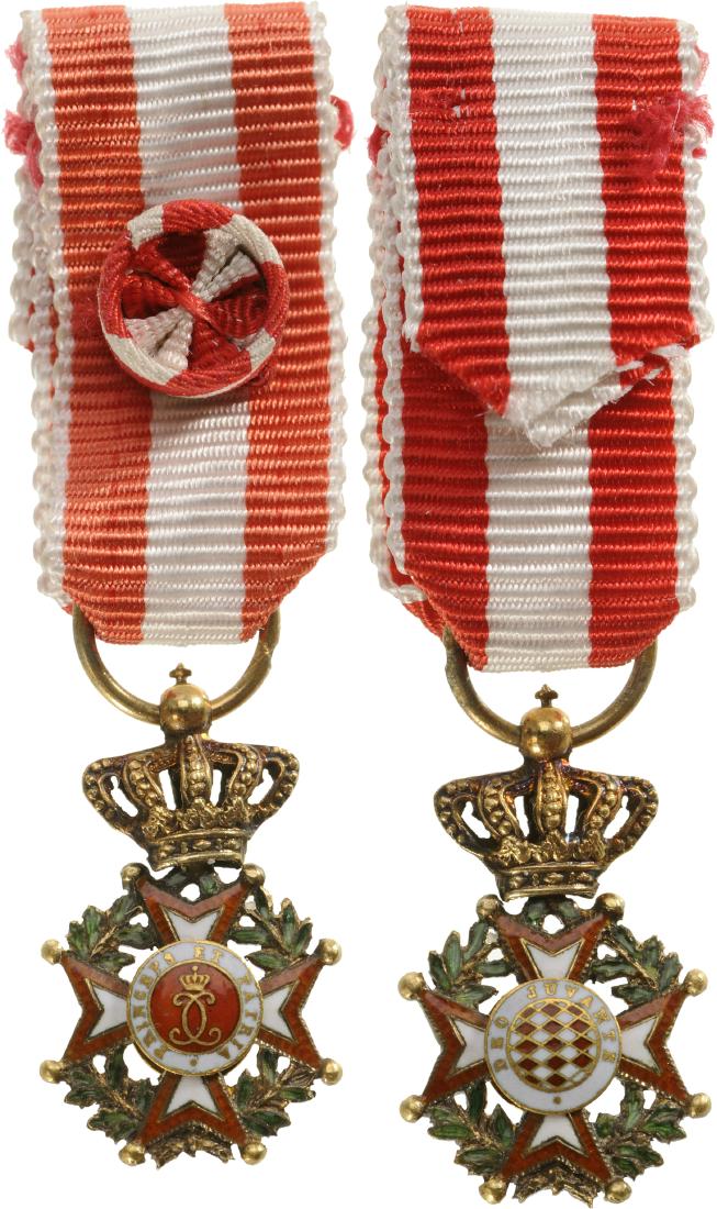 ORDER OF SAINT CHARLES: Officer's Cross Miniature, instituted in 1858. Breast Badge, 18x11 mm, GOLD, enameled, central medallions gilt, enameled, original suspension ring and ribbon with rosette. Superb quality! I