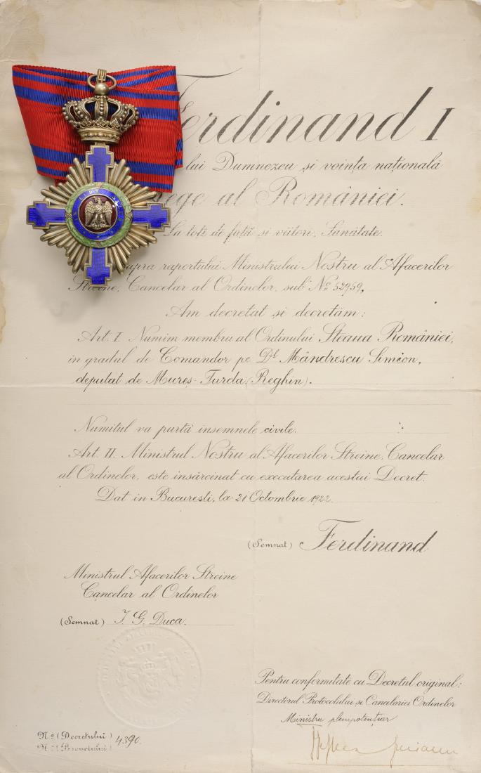 ORDER OF THE STAR OF ROMANIA, to a Romanian Deputy: Commander's Cross, 1st Model for Civil. Neck Badge, 95x65 mm, Silver gilt, maker's mark "Resch", both sides dark blue enameled, original suspension ring, loop and ribbon, together with awarding docume