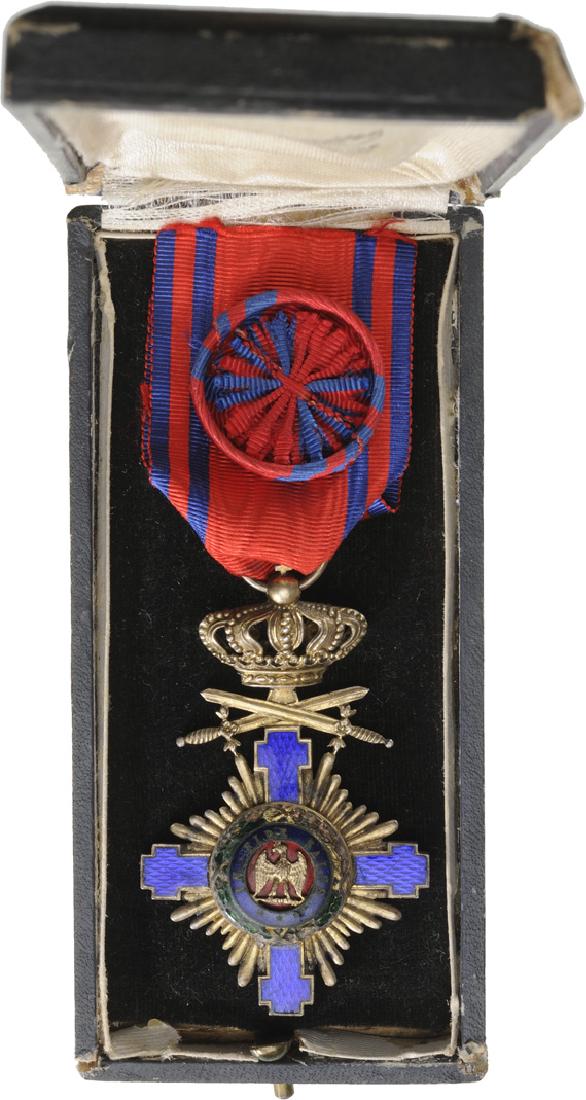 ORDER OF THE STAR OF ROMANIA, 1866: Officer's Cross, 1st Model, Military in time of Peace. Breast Badge, 67x43 mm, gilt Silver, both sides enameled original suspension ring and ribbon with rosette, in case of issue by "Lemaitre - Paris"