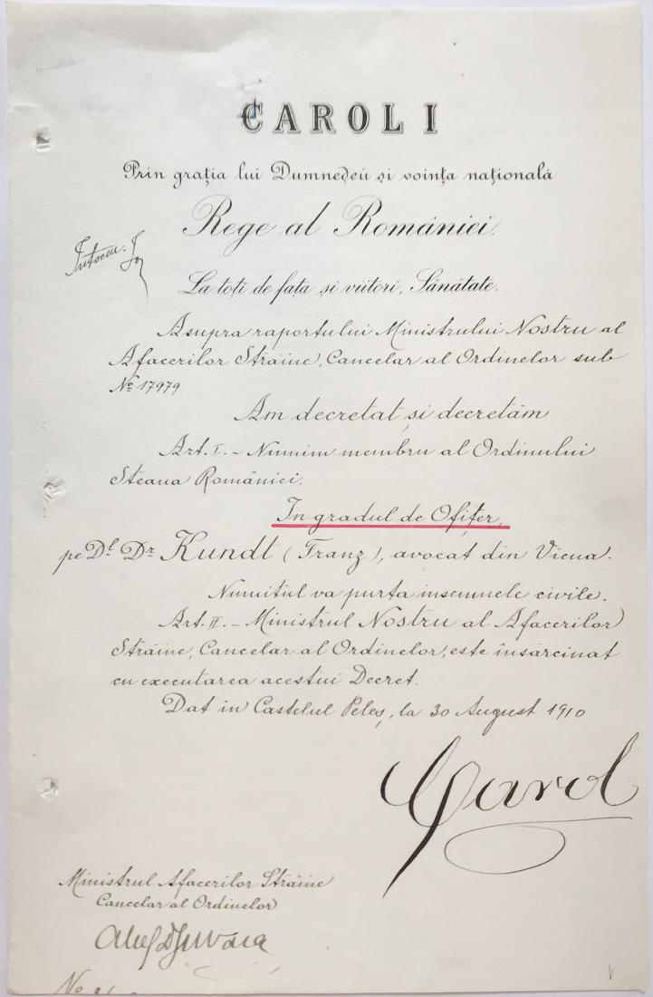 ORDER OF THE STAR OF ROMANIA, to an Austrian Lawyer (1 of 1)