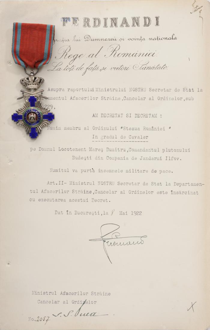 ORDER OF THE STAR OF ROMANIA, 1864, to a Romanian: Knight 's Cross, 1st Model, for Military in Time of Peace. Breast Badge, 69x43 mm, Silver, maker's mark "Resch", both sides red enameled, obverse medallion with cipher of Carol I, reverse medallion wi