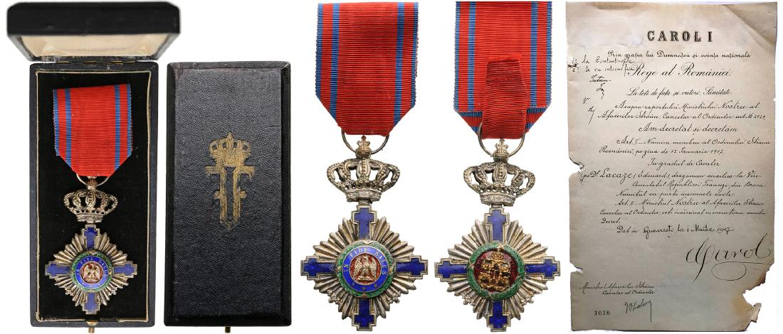 ORDER OF THE STAR OF ROMANIA, to a French citizen,: Knight 's Cross, 1st Model, for Civil. Breast Badge, 67x43 mm, Silver, both sides red enameled, obverse medallion with cipher of Carol I, reverse medallion with "10 Maiu", original suspension ring and