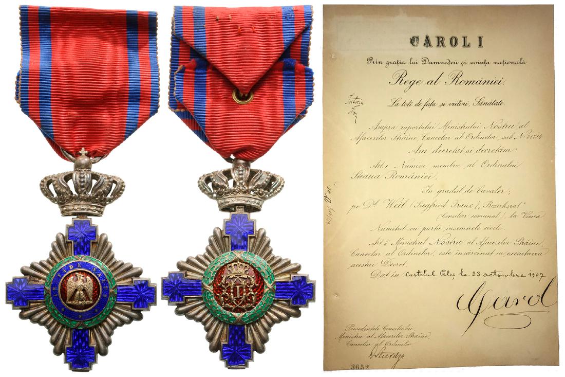 ORDER OF THE STAR OF ROMANIA, 1864, to a City Councelor: Knight 's Cross, 1st Model, for Civil. Breast Badge, 63x43 mm, Silver, maker's mark "2 dolphins - Resch", both sides red enameled, obverse medallion with cipher of Carol I, reverse medallion with "10
