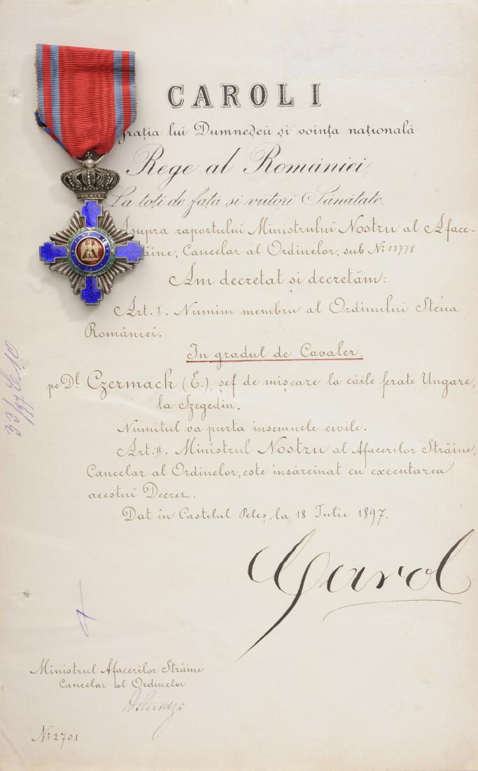ORDER OF THE STAR OF ROMANIA, 1864, to a Railway Chief: Knight 's Cross, 1st Model, for Civil. Breast Badge, 64x44 mm, Silver, maker's mark "Resch", both sides red enameled, obverse medallion with cipher of Carol I, reverse medallion with "10 Maiu", origin
