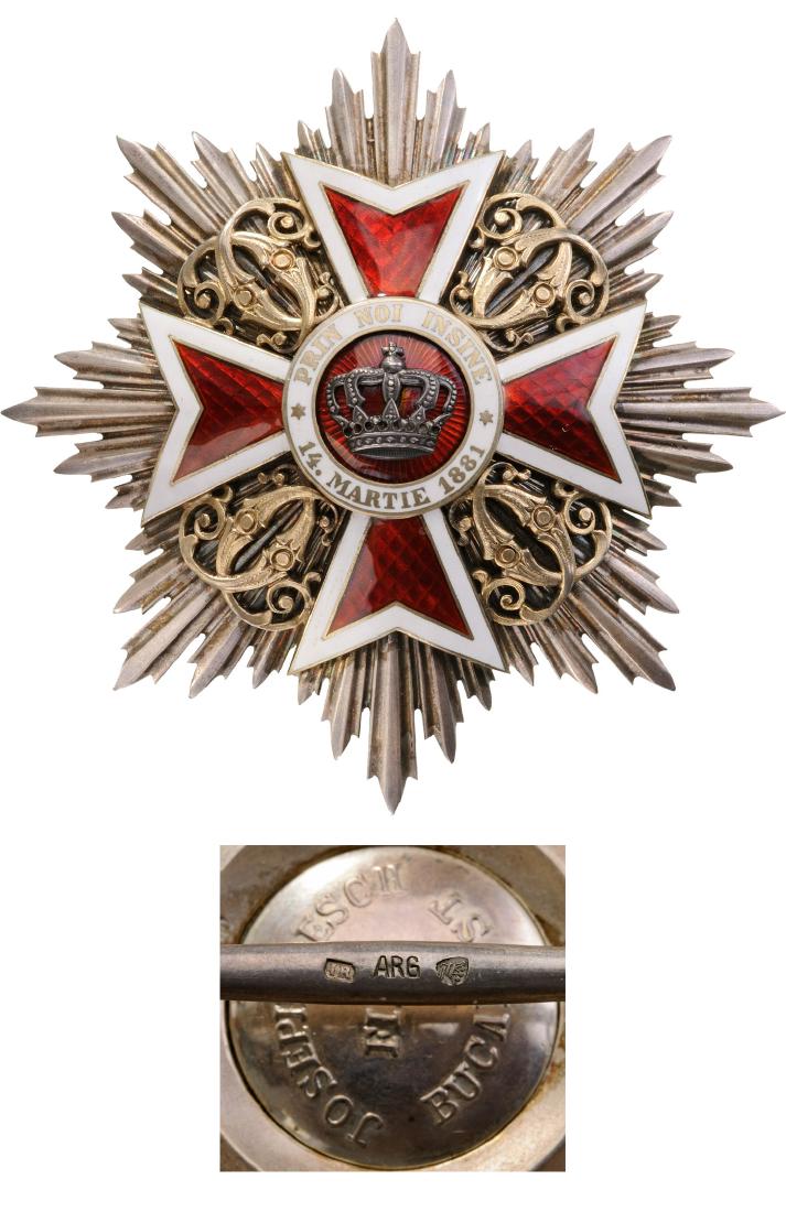 ORDER OF THE CROWN OF ROMANIA, 1883: Grand Cross Star, Breast Star, 90 mm, Silver, maker's mark " Joseph Resch Fils", hallmarked "IR-ARG-crown", enameled with pin on reverse. Superb star in perfect condition! I