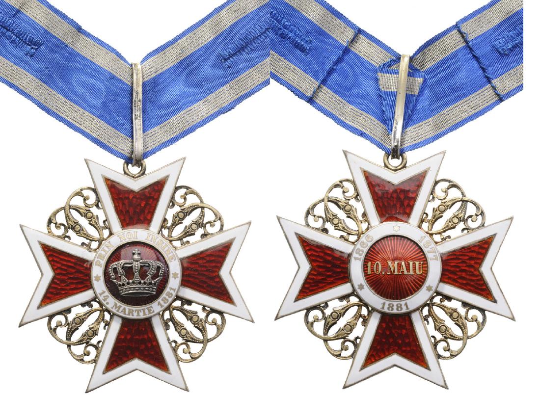 ORDER OF THE CROWN OF ROMANIA: Commander 's Cross, 1st Model, Civil. Neck Badge, 60 mm, gilt Silver, maker's mark "JRF - Joseph Resch Fils", hallmarked "ARG", both sides red enameled, original short ribbon. Superb badge in best con
