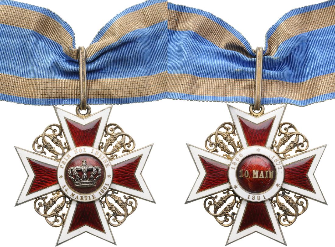 ORDER OF THE CROWN OF ROMANIA: Commander 's Cross, 1st Model, Civil. Neck Badge, 60 mm, gilt Silver, maker's mark "KF - Kretly Freres", French hallmarked "A", both sides red enameled, original short ribbon. Superb badge in best jew