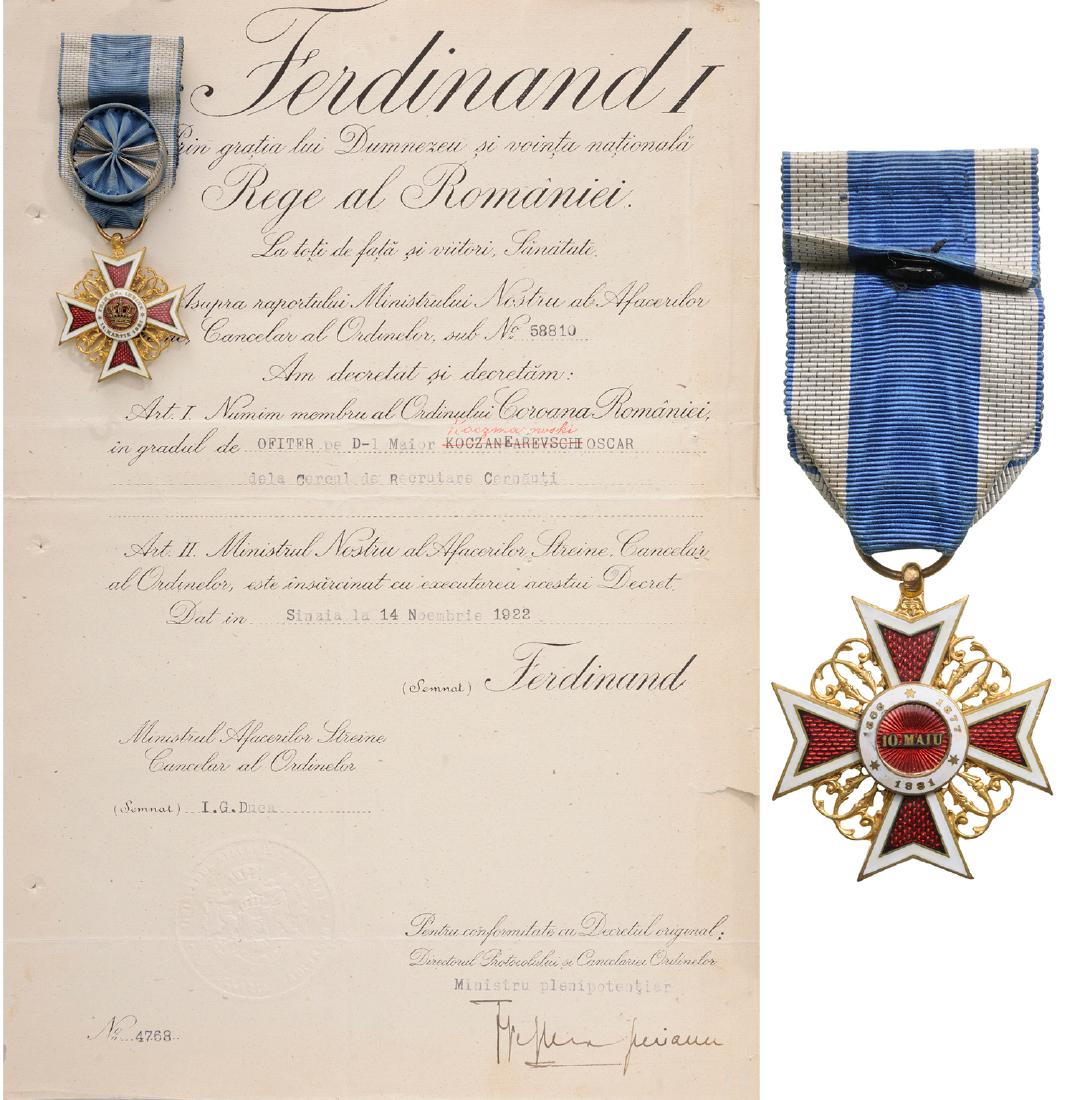 ORDER OF THE CROWN OF ROMANIA, to a Major from the: Officer 's Cross, 1st Model, Civil. Breast Badge, 38 mm, Bronze gilt, both sides enameled, original ring and ribbon with rosette, together with awarding document, dated 14.11.1922. I-