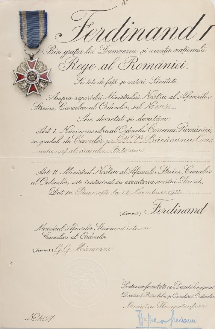 ORDER OF THE CROWN OF ROMANIA, to the Chief Doctor of (1 of 2)