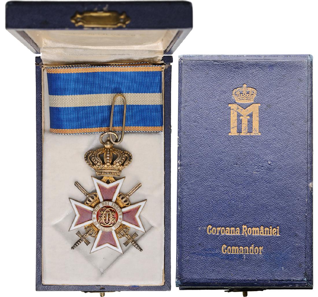ORDER OF THE CROWN OF ROMANIA, 1881: Commander 's Cross, 2nd Model (1938), for Military in Time of War. Neck Badge with Swords, 65x50 mm, Silver, hallmaked "SILBER", maker`s mark "CFZ-279-MN-42" both sides red enameled, obverse medallion