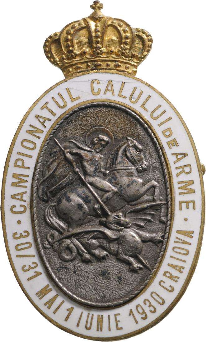 War Horse Championship Badge, Craiova 1930: ROMANIA, Breast Badge, 54x 52 mm, gilt Bronze, enameled, horizontal pin on the back and two ribbon hooks. M.S.B.R. 341. Rare and very attractive. I R!