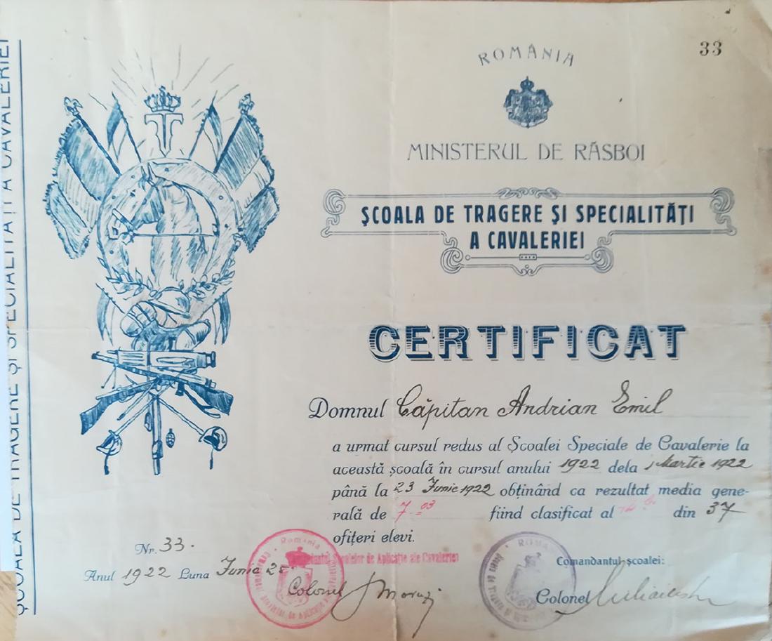 The Cavalry`s Schooting School Graduation Cetificat for: ROMANIA, Superb awarding document, depicting the badge of the Unity, dated 25.06.1922. Very rare! RR! II
