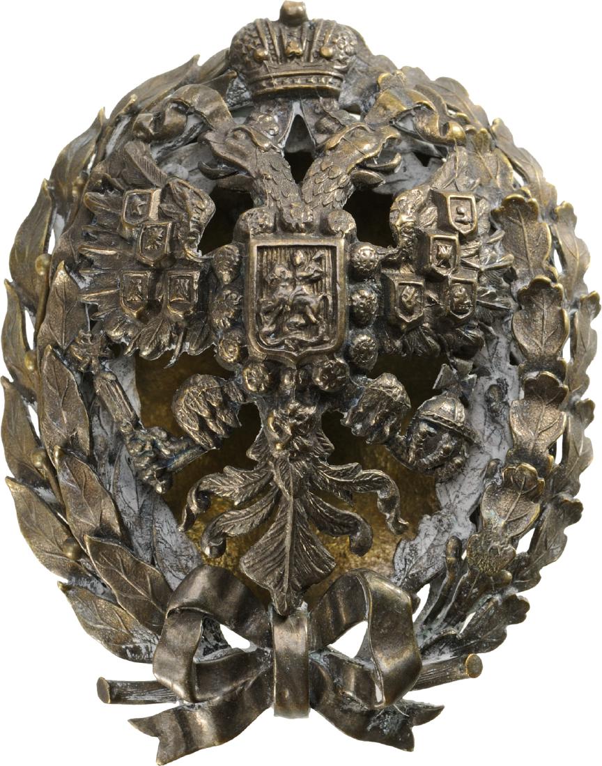 Imperial Nicholas Military Academy Badge: RUSSIA, Breast Badge, 56x45 mm, silvered Bronze, superimposed part silvered, original Bronze screw, nut and plate. I-
