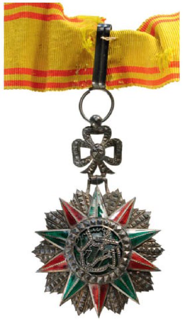 ORDER OF NICHAN AL IFTIKHAR: TUNISIA, Commander's Cross, 3rd Class, Mohamed es Sadok Bey (1859-1882). Neck Badge, 78x50 mm, Silver with brilliant cut rays, partially repierced, enameled, central medallion silver, enameled, origin