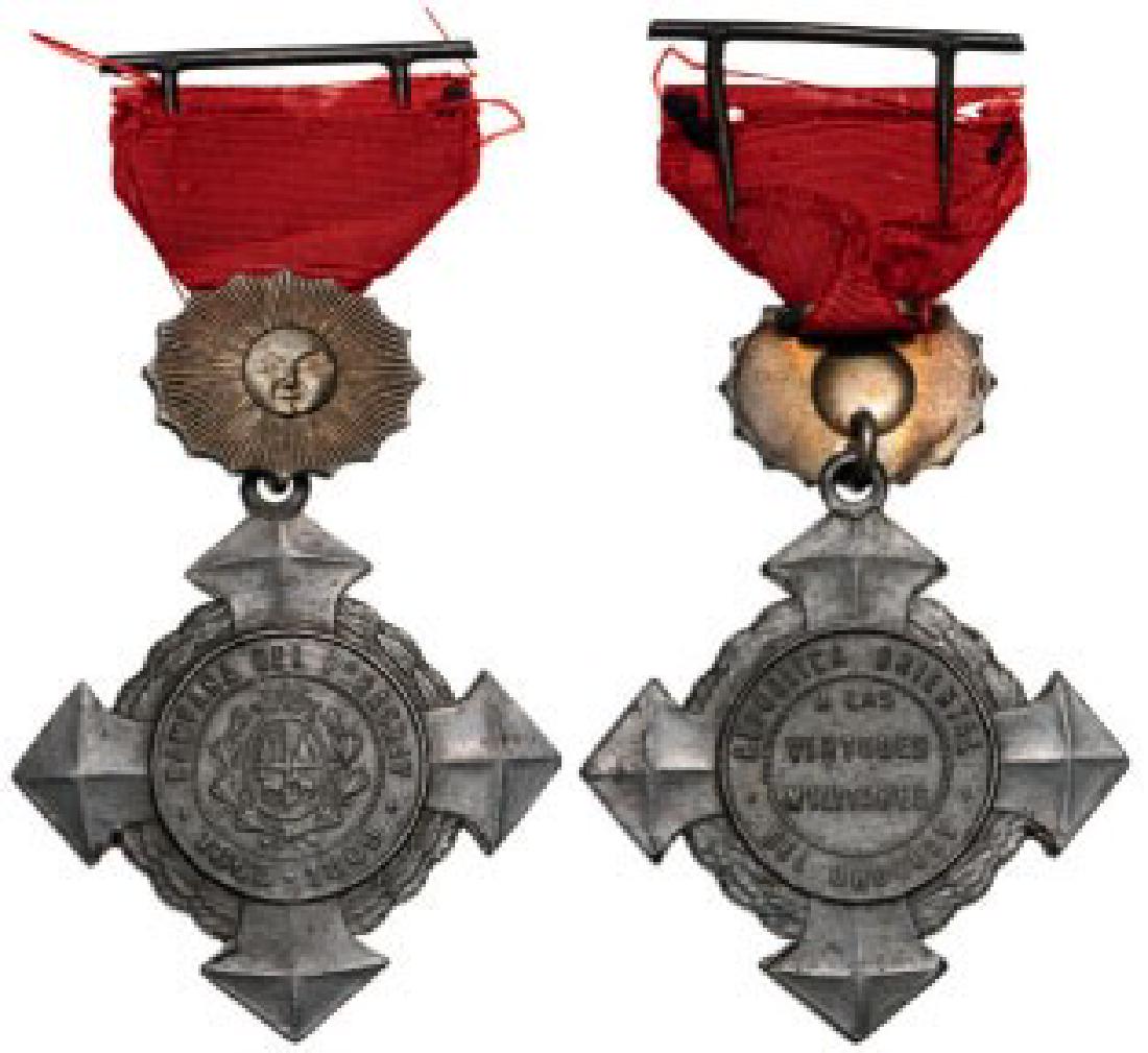 Paraguay Campaign Medal for the Allies in the War of: URUGUAY, Officer's Cross, instituted in 1891. Breast Badge, 58x41 mm, Iron with original silver sun suspension Device and ribbon. Gill. p. 164 Ross Uy7. I