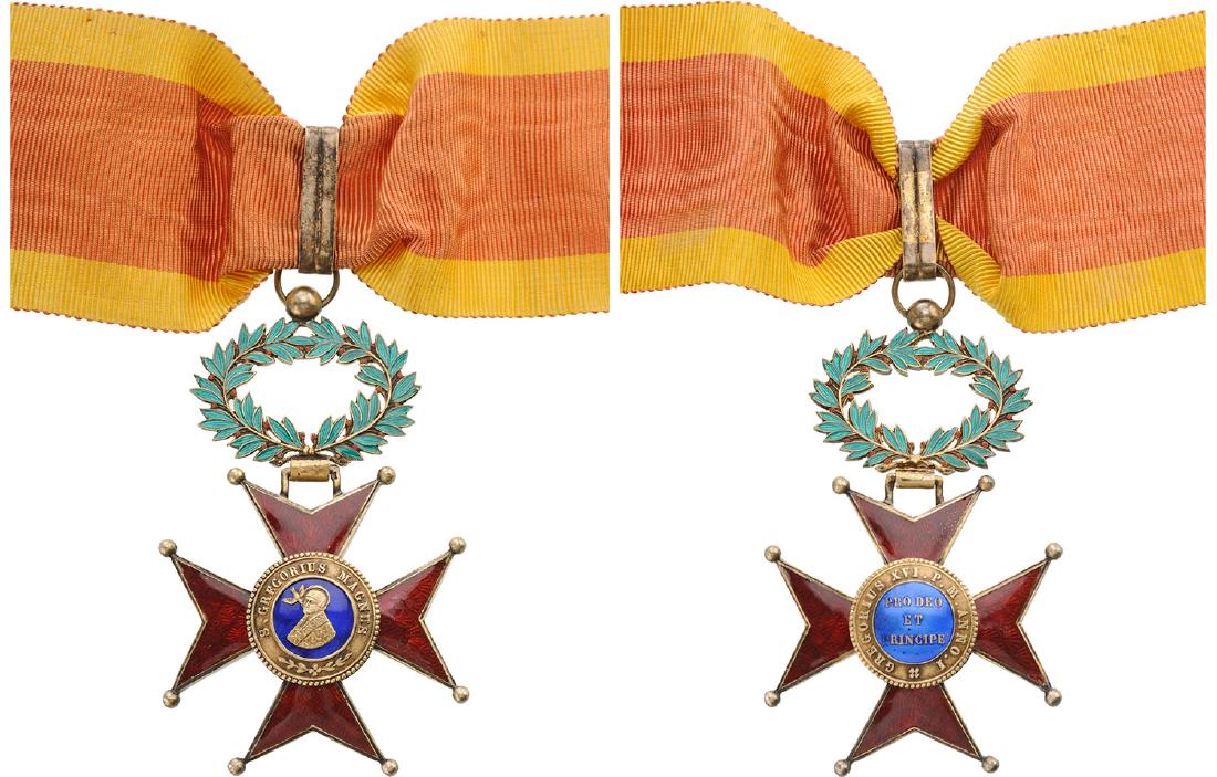 ORDER OF SAINT GREGORY: VATICAN, Commander`s Cross. Neck Badge, 80x55 mm, gilt Silver, hallmarked, enameled on both sides, original suspension wreath, loop and long ribbon. A very attractive order in suoerb condition! II