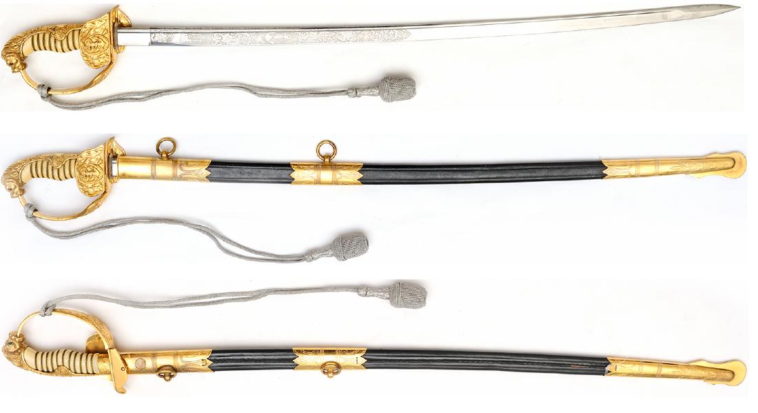 German Navy Sword, WWII: GERMANY, Steel engraved blade with floral design, anchors, fine celluloid grip with gold wire, gilt bronze folting guard with anchor, black leather scabbard with gilt brass ornaments, gilt brass handl