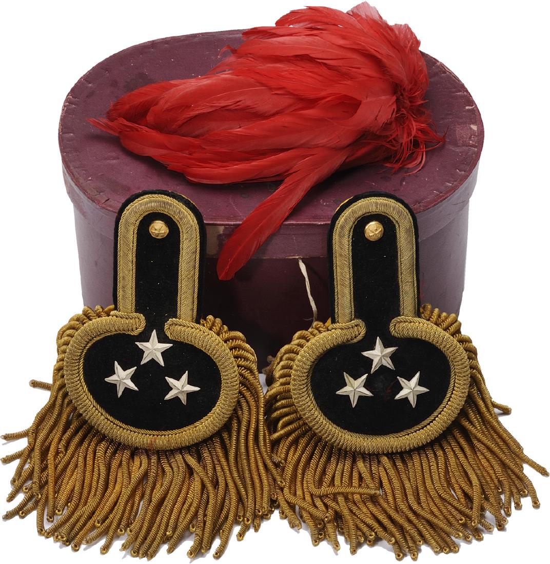 Colonel Parade Shoulderboards and Kepi plume, md 1930,: ROMANIA, Made in black velvet, metal star, gold embroidery and thick fringes, plume made in red flakes. Very good condition. France Workshop, stamped PARIS. I