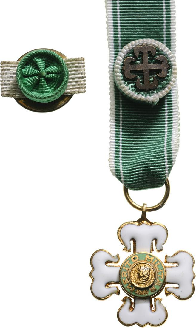 ORDER OF MILITARY MERIT: Commander`s Cross Miniature, 3rd Class, instituted in 1934. Breast Badge, 24 mm, Silver gilt, enameled, both central medallions gilt silver, enameled, original suspension ring and ribbon with rosette,