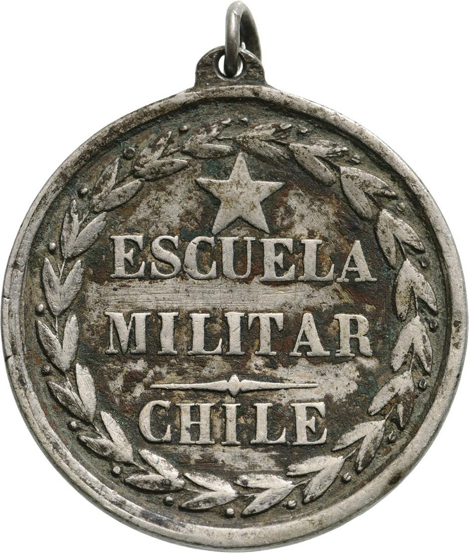 PRIZE OF MILITARY SCHOOL: Breast Badge, 31 mm, Silver, original suspension ring. Very early medal! R! II Country: CHILE