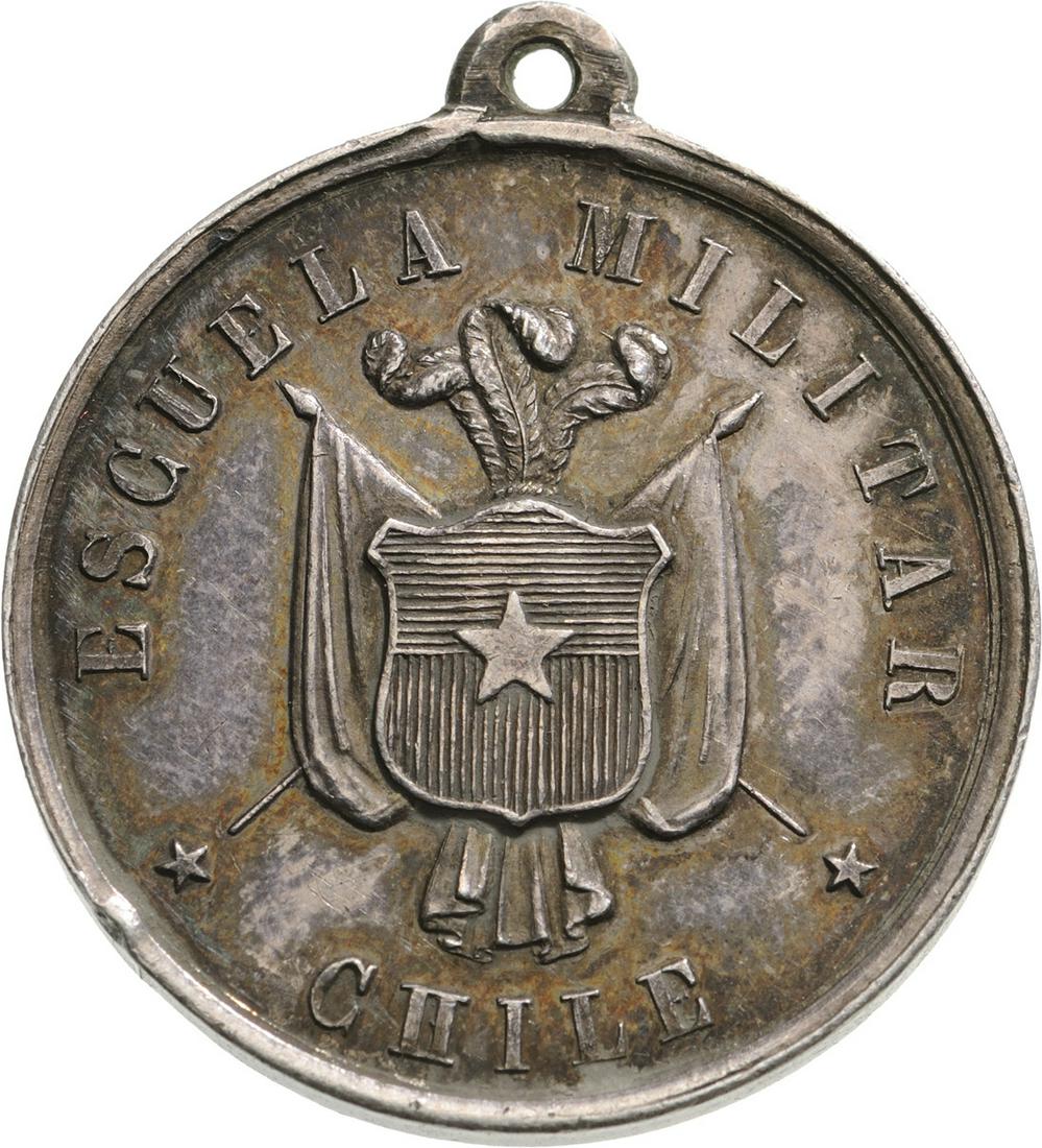 PRIZE OF MILITARY SCHOOL: Breast Badge, 30 mm, Silver, original suspension ring. Very early medal! R! I- Country: CHILE