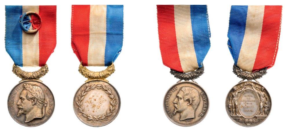 Napoleon III, 2nd Empire, (1852-1870): Ministry of the Interior Honor Medal for Heroic Deeds and Dedication (signed Barre); Medal for Living Saving (signed Chaplain). Breast Badges, Silver, 27 mm, original suspension rings and ribbons, nam