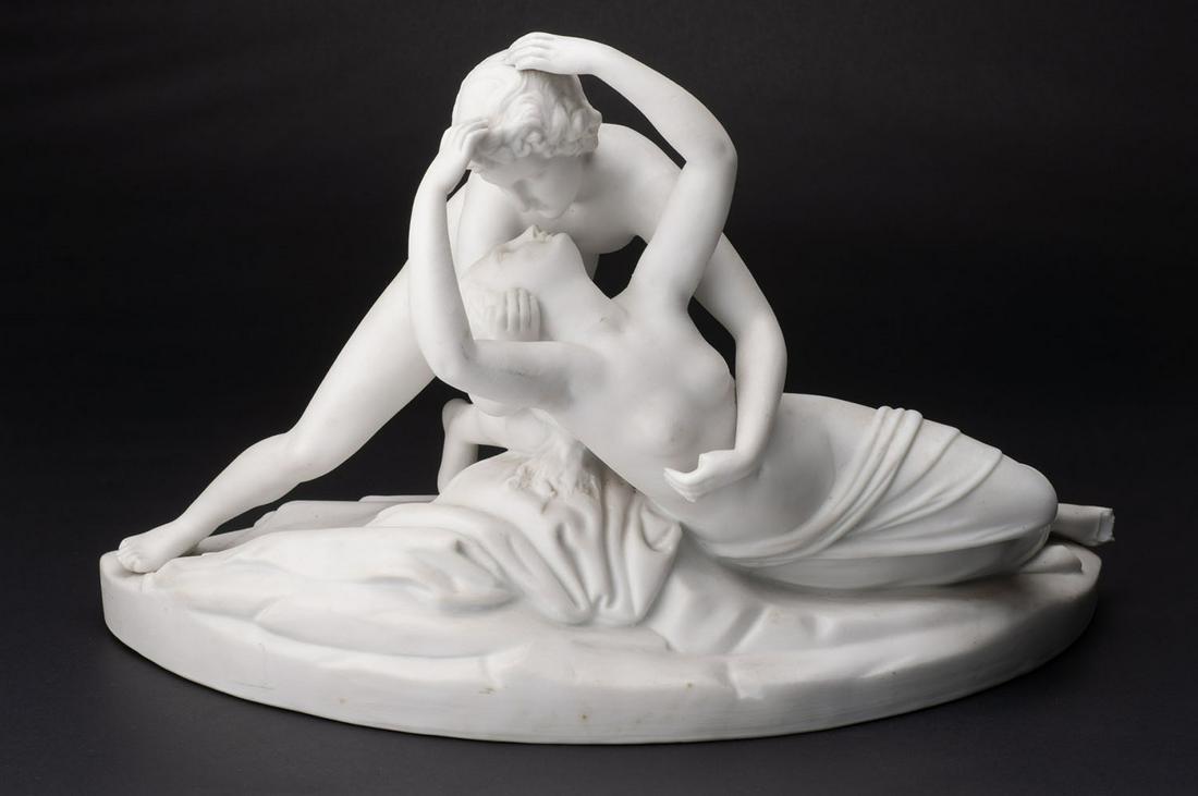 Ceramic biscuit statue about Cupid seducing a nymph: Work probably French, circa 1900. Missing the wings of Cupid. Restorations to be expected at some toes and fingers Country: FRANCE