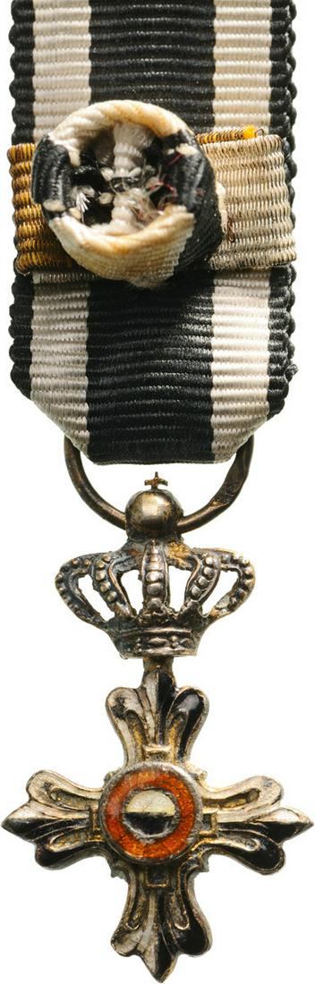 ORDER OF THE MILITIA OF JESUS CHRIST: Miniature of a Grand Officer's Cross, 2nd Class. Breast Badge, 12 mm, gilt Silver, both sides enameled, both central medallions gilt Silver, enameled, original suspension ring and ribbon with rosette.