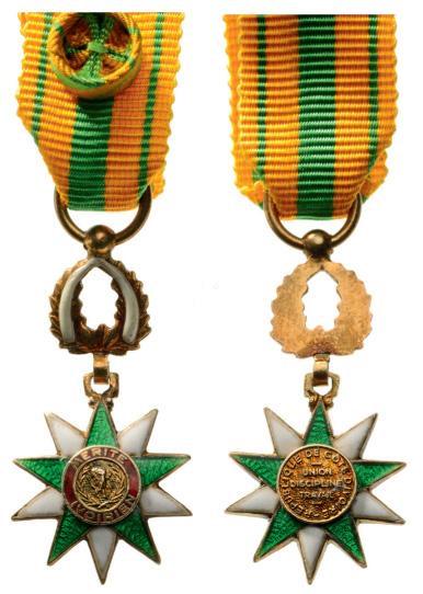 ORDER OF MERIT: Officer`s Cross Miniature. Breast Badge, gilt Silver, 14 mm, enameled, original suspension ring and ribbon with rosette. I Country: IVORY COAST