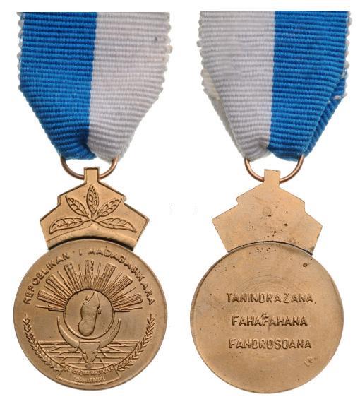 ORDER OF MERIT: Knight`s Badge, 3rd Class, 3rd Republic of Madagascar (REPOBLIKAN MADAGASIKARA). Breast Badge, bronze, 36 mm, original suspension ring and ribbon. I Country: MADAGASCAR