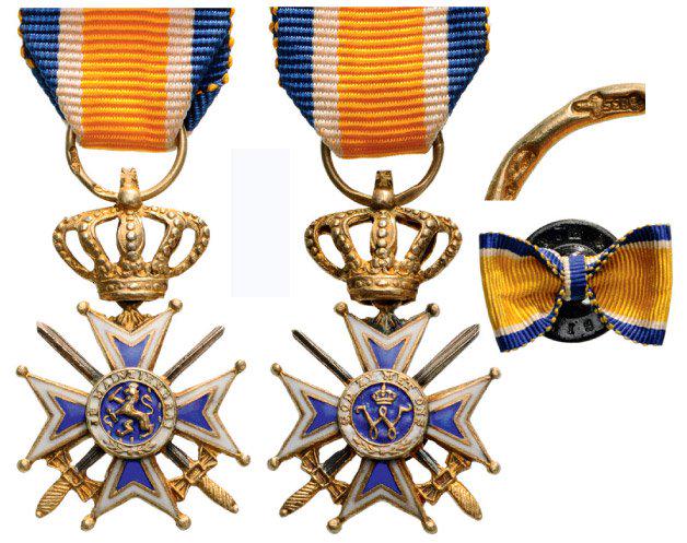 ORDER OF THE ORANGE NASSAU: Military Officer's Cross Miniature, instituted in 1892. Breast Badge, silver gilt, 27x16 mm, both sides enameled, hallmarked, original crown suspension, ring and ribbon with lapel hole rosette. R! I C