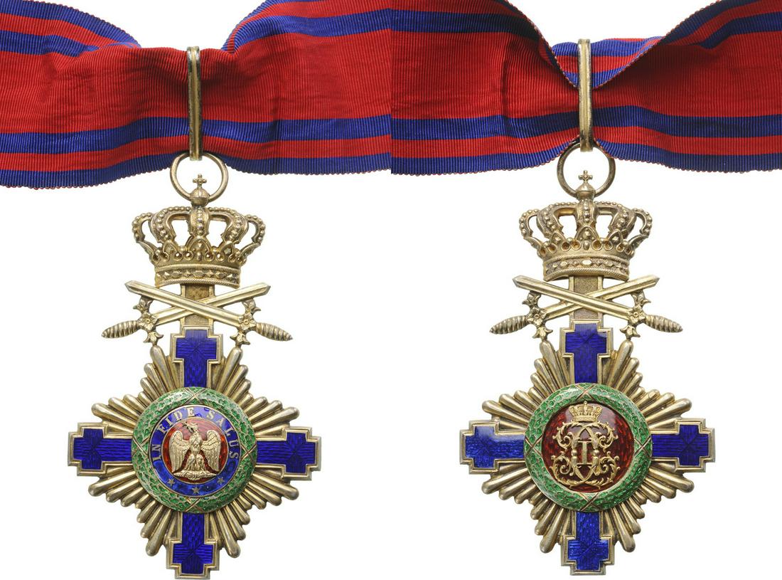 ORDER OF THE STAR OF ROMANIA, 1864: Commander's Cross, 1st Model for Military in Time of Peace. Neck Badge, 102x60 mm, Silver gilt, maker's mark "Resch", both sides dark blue enameled, original suspension ring, loop and ribbon, together