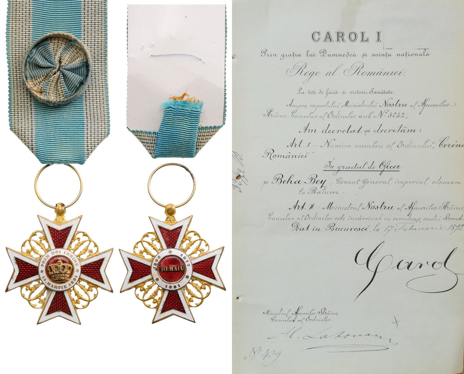 ORDER OF THE CROWN OF ROMANIA, 1881: Officer 's Cross, 1st Model, Civil. Breast Badge, 35 mm, Silver gilt, both sides enameled, original ring and ribbon with rosette together with awarding document to an Ottoman Consul, dated 17.02.1892 