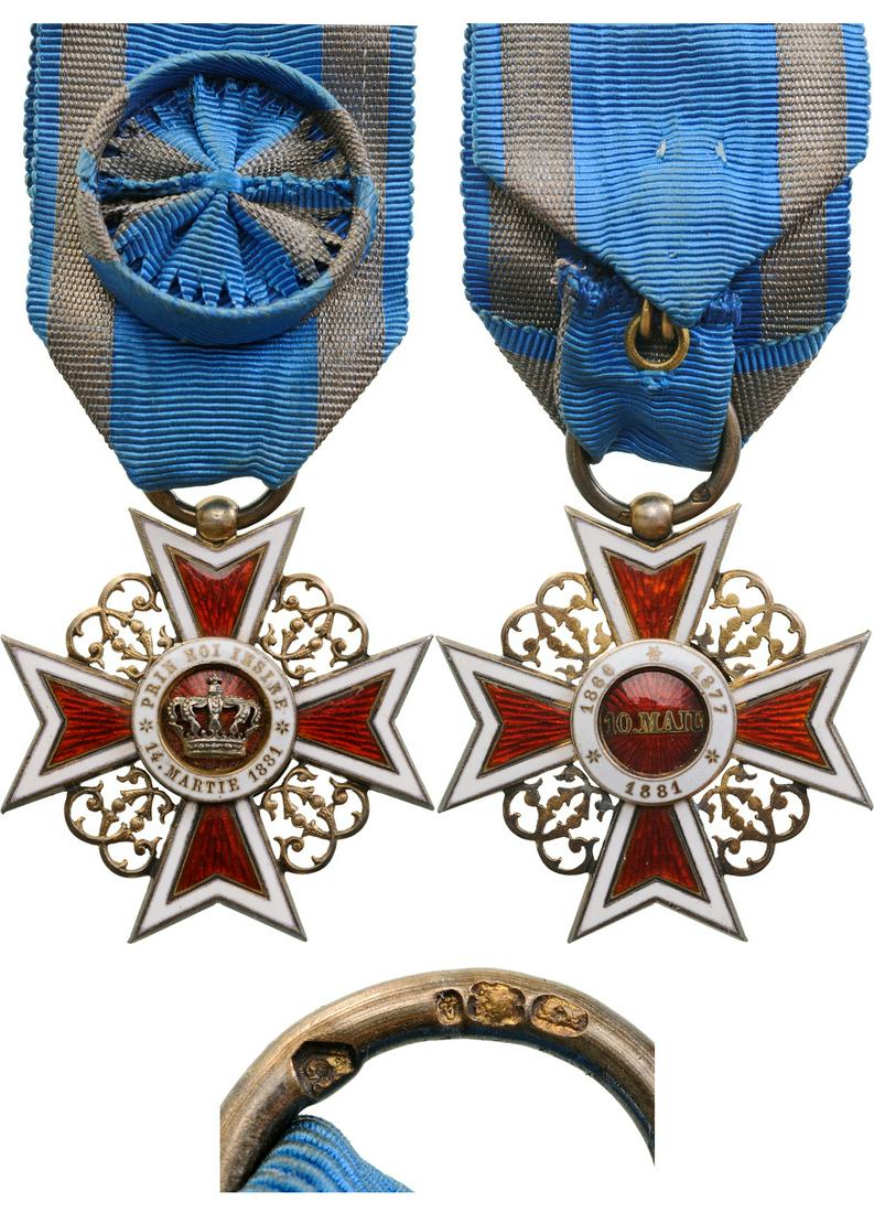 ORDER OF THE CROWN OF ROMANIA, 1881: Officer 's Cross, 1st Model, Civil. Breast Badge, 47 mm, gilt Silver, maker`s mark on the ring, maker's mark "KF - Kretly Freres", French hallmarked "A", both sides enameled, original ring and ribbon