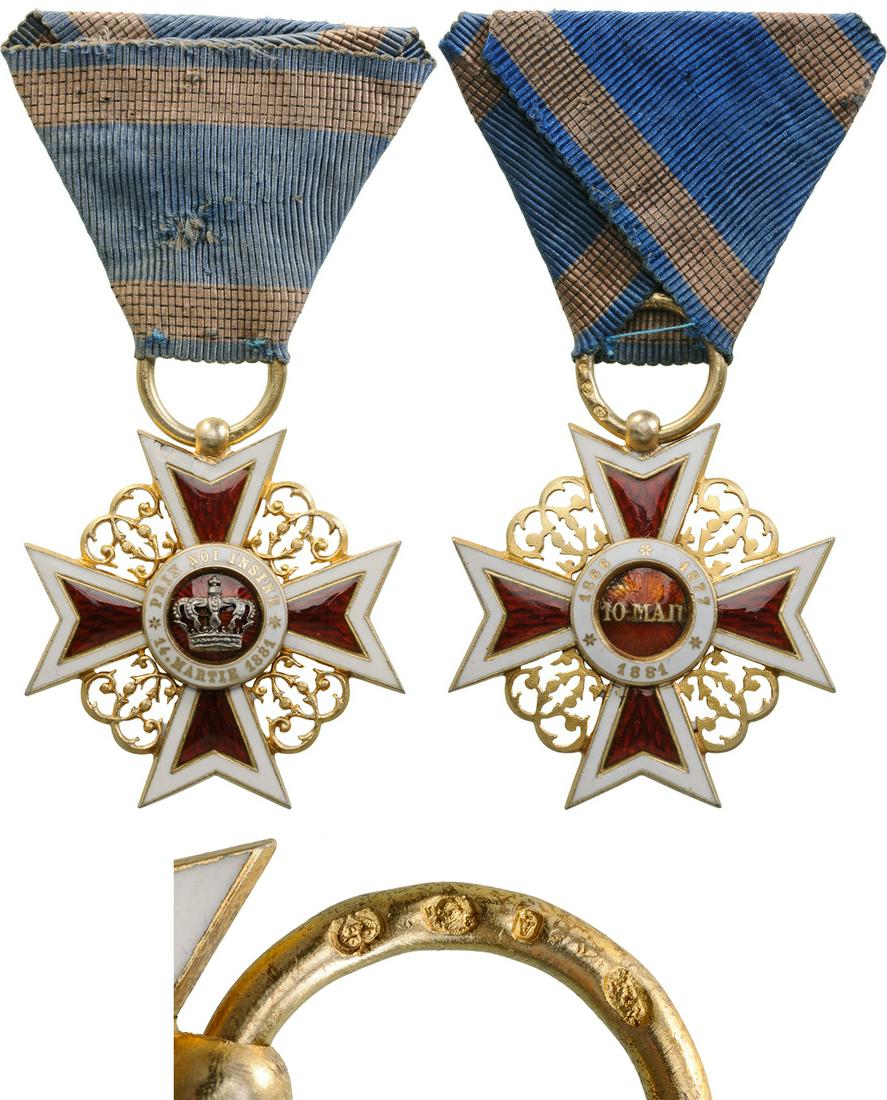 ORDER OF THE CROWN OF ROMANIA, 1881: Officer 's Cross, 1st Model, Civil. Breast Badge, 47 mm, gilt Silver, maker's mark "KF-Kretly Freres", Austrian hallmarked "3 A", both sides enameled, original ring and triangular ribbon, with awardin