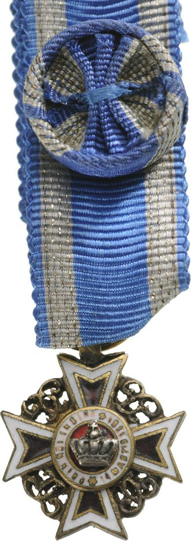 ORDER OF THE CROWN OF ROMANIA, 1883: Officer 's Cross Miniature, 1st Model for Civil. Breast Badge, 15 mm, gilt Silver, original ribbon with rosette. Rare and superb! R! I Country: ROMANIA