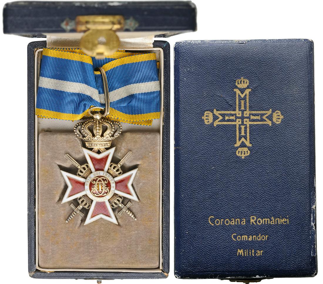 ORDER OF THE CROWN OF ROMANIA, 1881: Commander 's Cross, 2nd Model (1938), for Military in Time of War. Neck Badge with Swords, 65x50 mm, Silver, hallmaked "SILBER", maker`s mark "CFZ-149-MN-42" both sides red enameled, obverse medallion