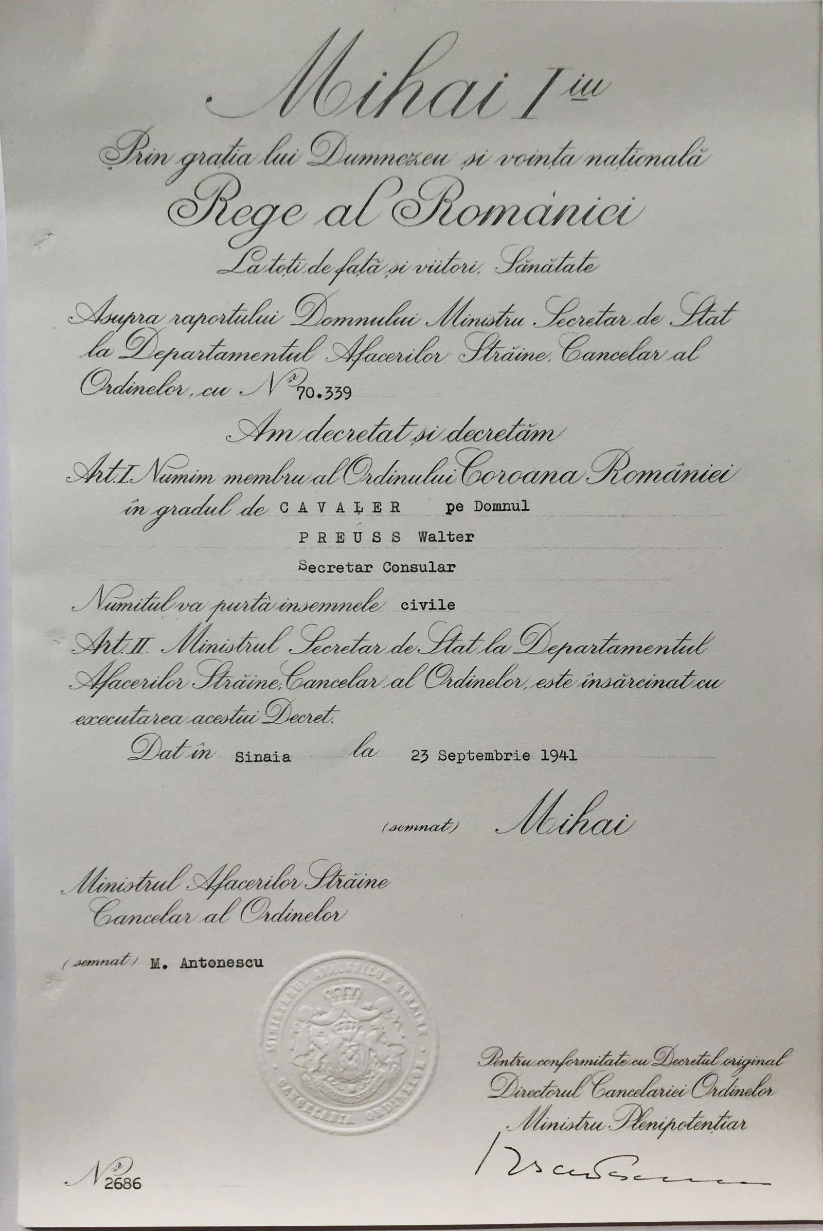 ORDER OF THE CROWN OF ROMANIA, of a German Consular (1 of 1)