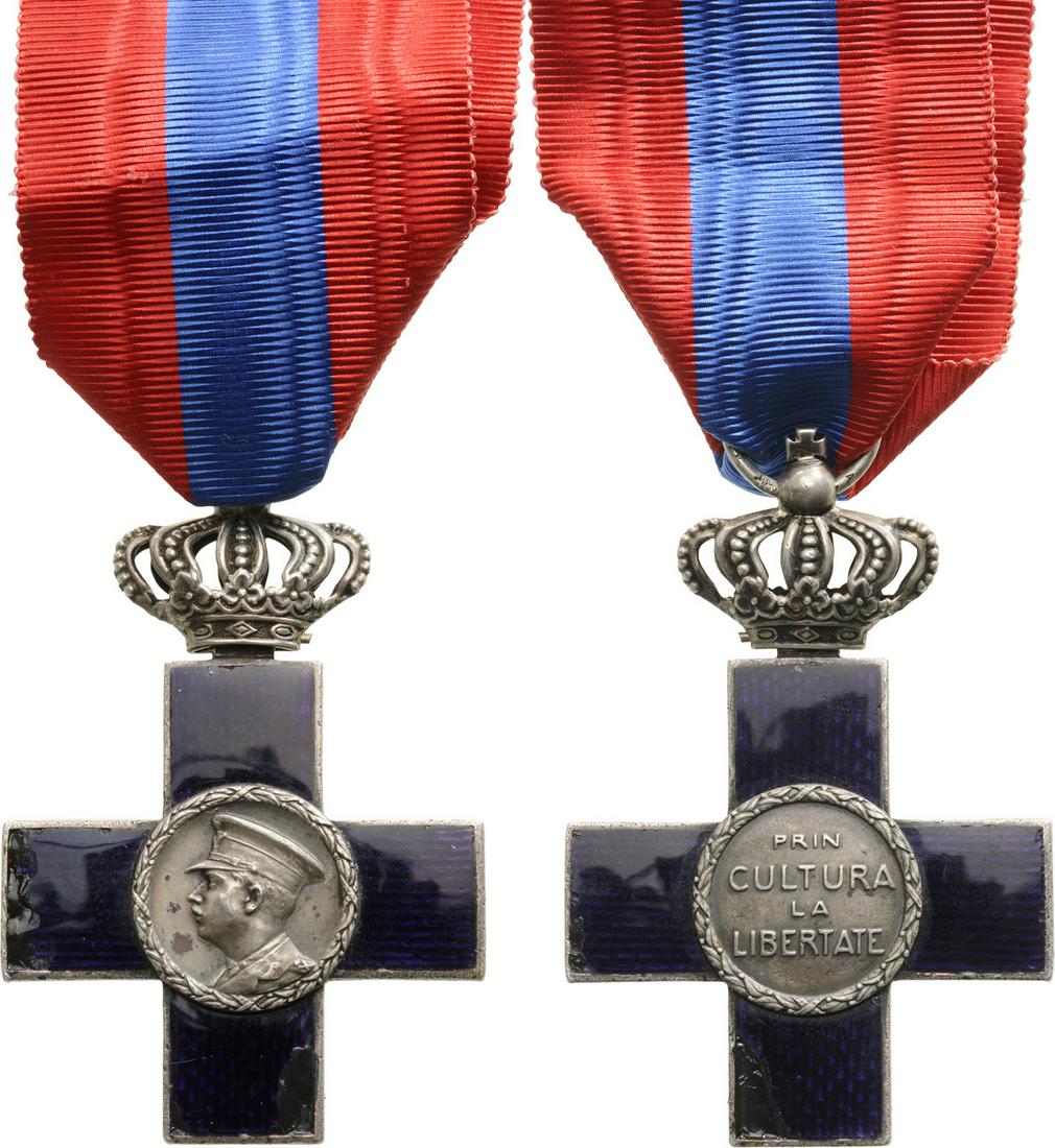 ORDER OF CULTURAL MERIT, 1st Model, Knight's Cross 1st: Breast Badge, 41 mm, Silver, maker's mark "JRF (Joseph Resch) 37", enameled (damages), on obverse the portrait of King Carol II, on reverse the order`s legend , "Prin cultura la libertate (Through Cul