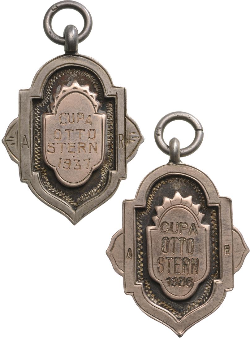 Medallions "Cupa Otto Stern" dated "1936 and 1937" for: Breast Badge, 29x24 mm, Gold and Silver, hallmarked "J.W. LTD". Very rare and superb! (2) RR! I Country: ROMANIA