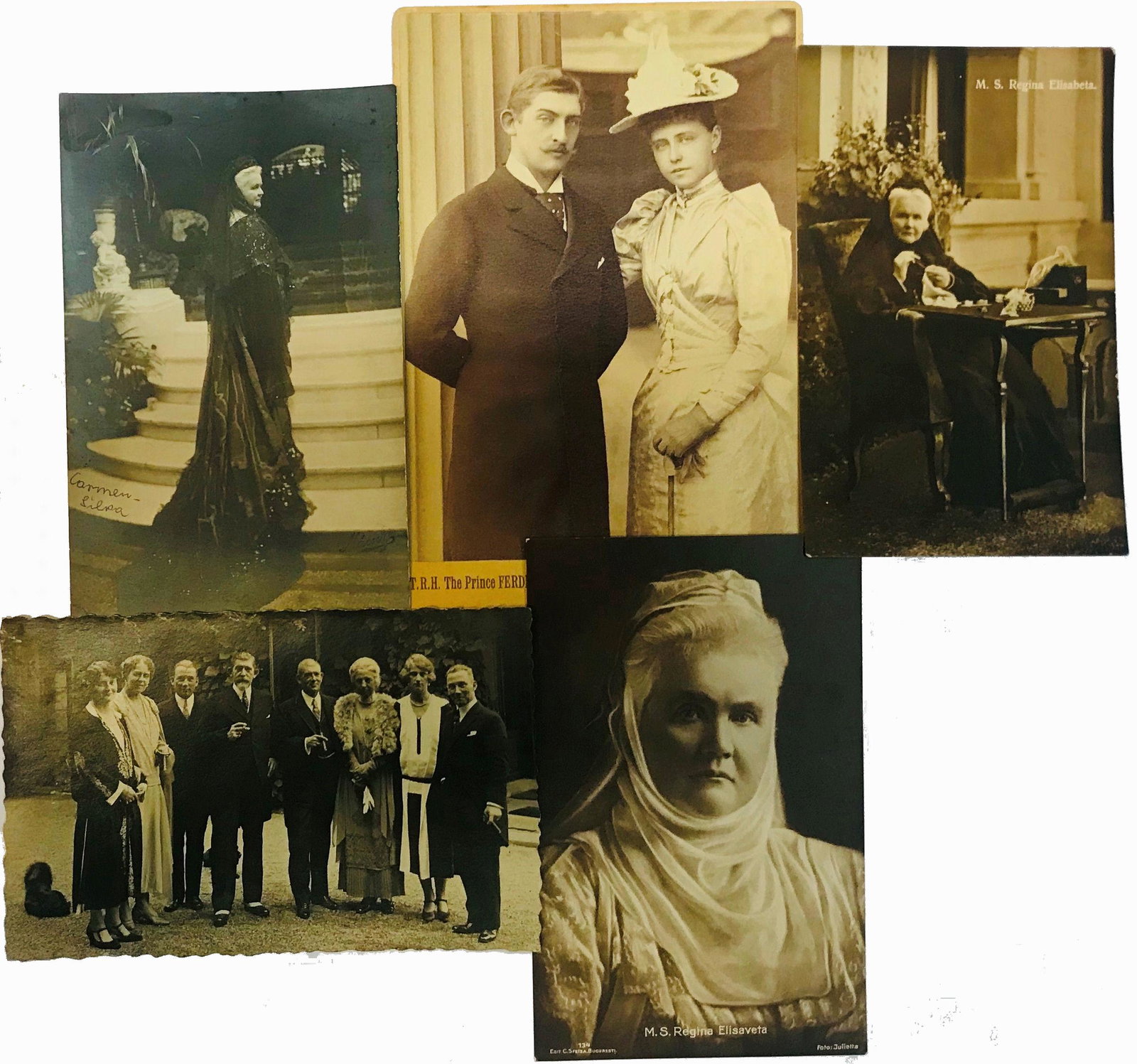 Group of 5 Royal Postcards, Kings and Queens of Romania: Postcards of King Ferdinand and Queen Elizabeth and Maria of Romania. Rare! I Country: ROMANIA
