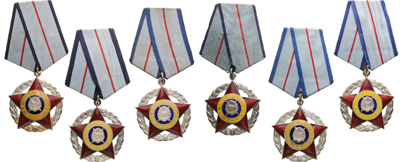 Â RSR - ORDER OF MILITARY MERIT LOT OF 6: 2nd Model, 2nd Class (1966-1989). Breast Badges, Bronze silvered, 39 mm, center enameled, original suspension rings and ribbons. (6) I/I- Country: ROMANIA - SOCIALIST REPUBLIC, 1966-1989