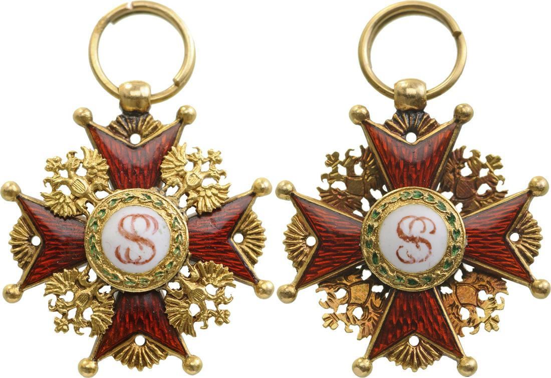 ORDER OF SAINT STANISLAS: Knight's Cross Miniature, 3rd Class, instituted in 1765. Breast Badge, 18 mm, GOLD, both sides enameled, original suspension ring. A rare and splendid large sized miniature, in mint State! RR! I Count
